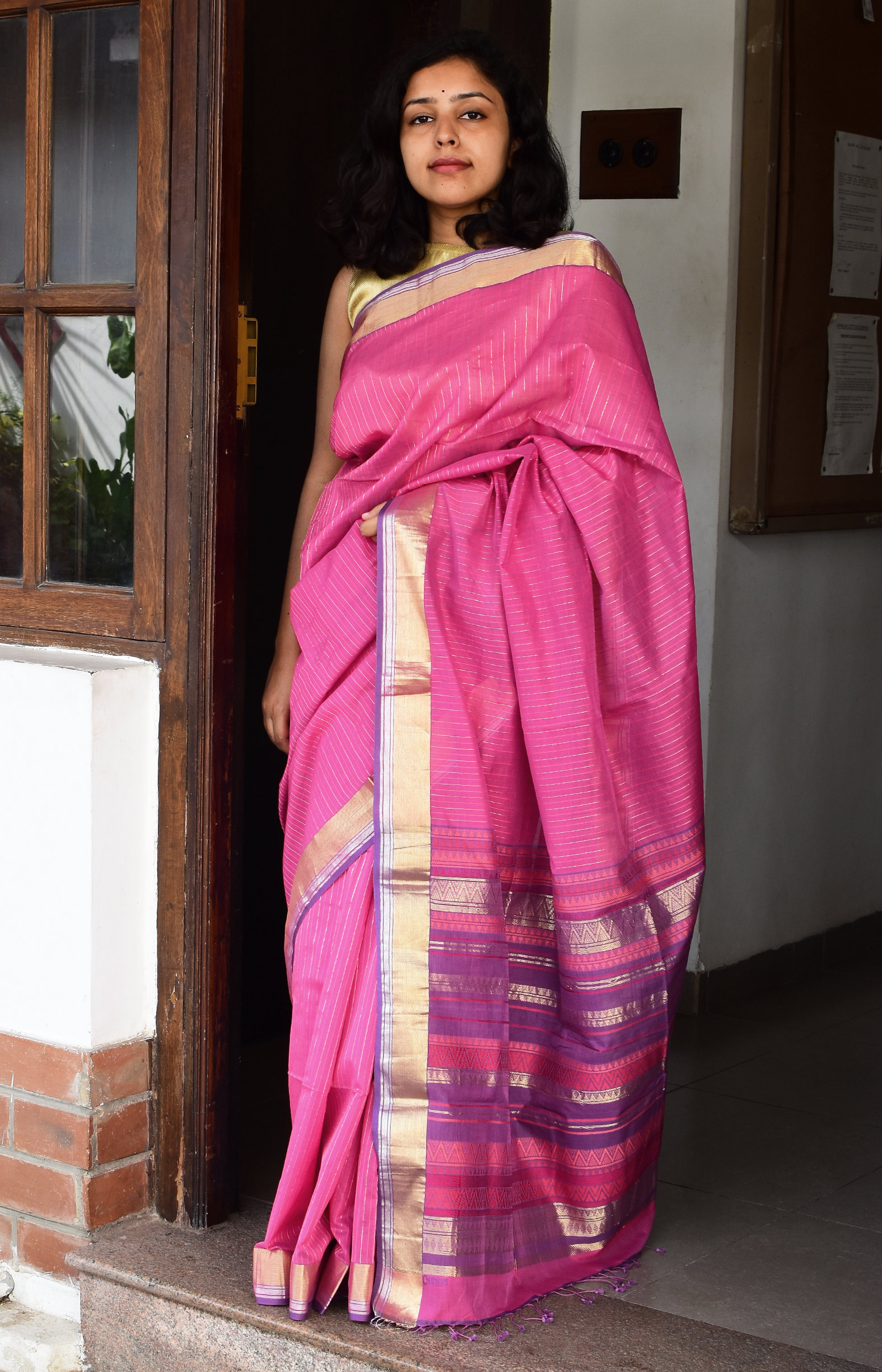 Purplish Pink, Handwoven Organic Cotton, Plain Weave , Jacquard, Festive Wear, Jari , Striped Saree